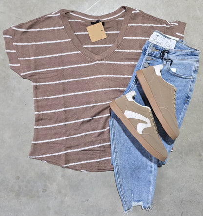 Stripe V Neck Cuffed Short Sleeve Knit Top Mocha