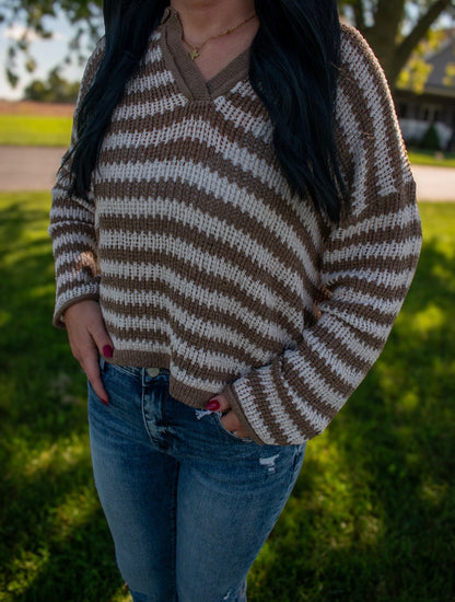 Stripe Raw Edge Split Neck