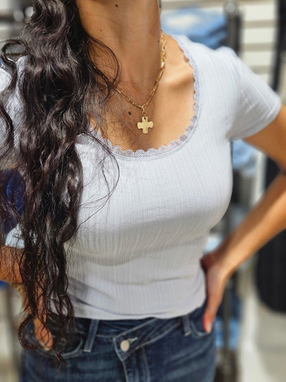 Lace Trim Ribbed Scoop Neck