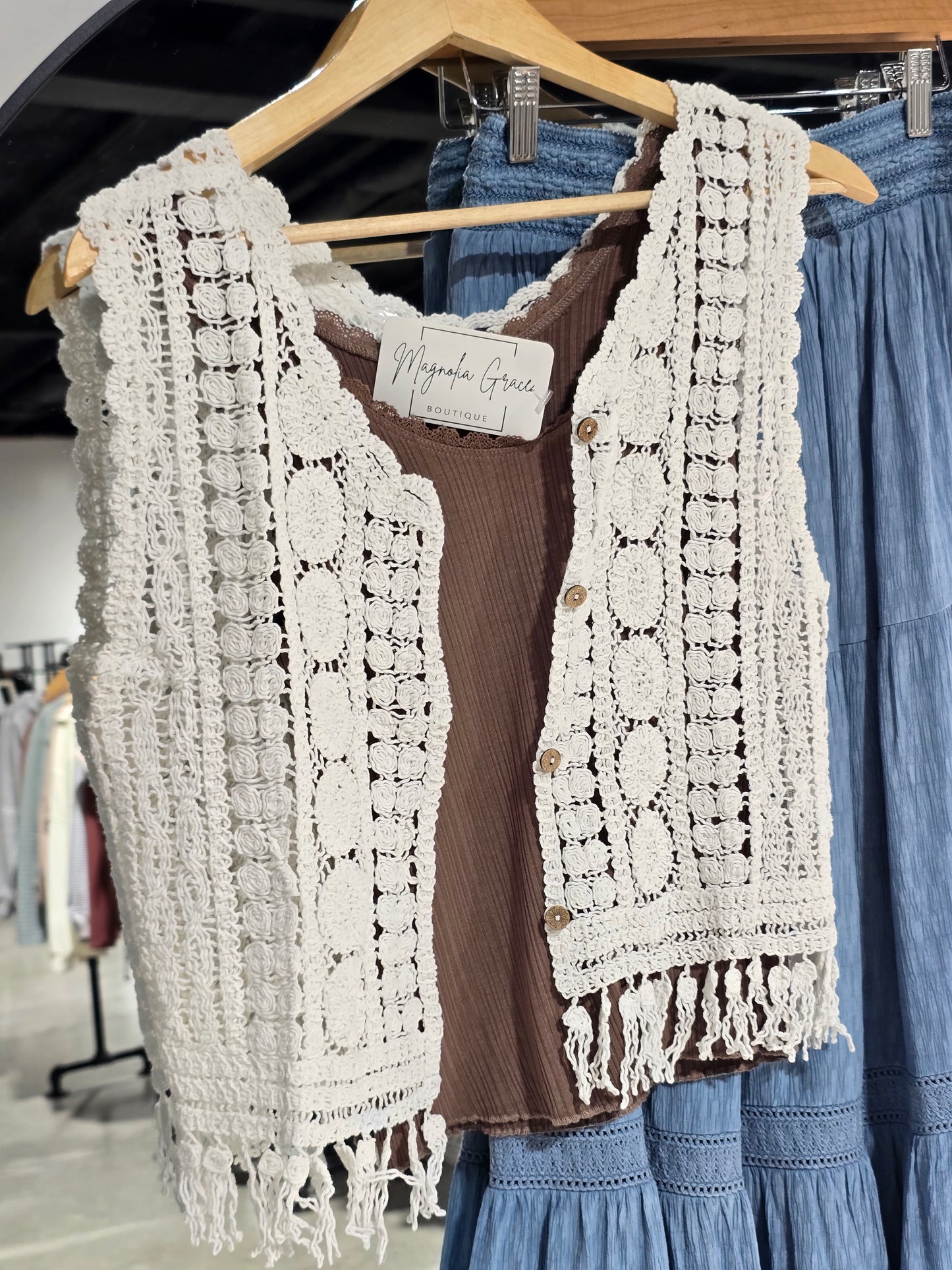 Button Down Crochet Vest Cardigan FRINGE