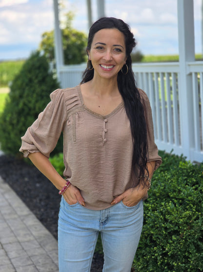 Crochet Trim V-Neck Henley Top