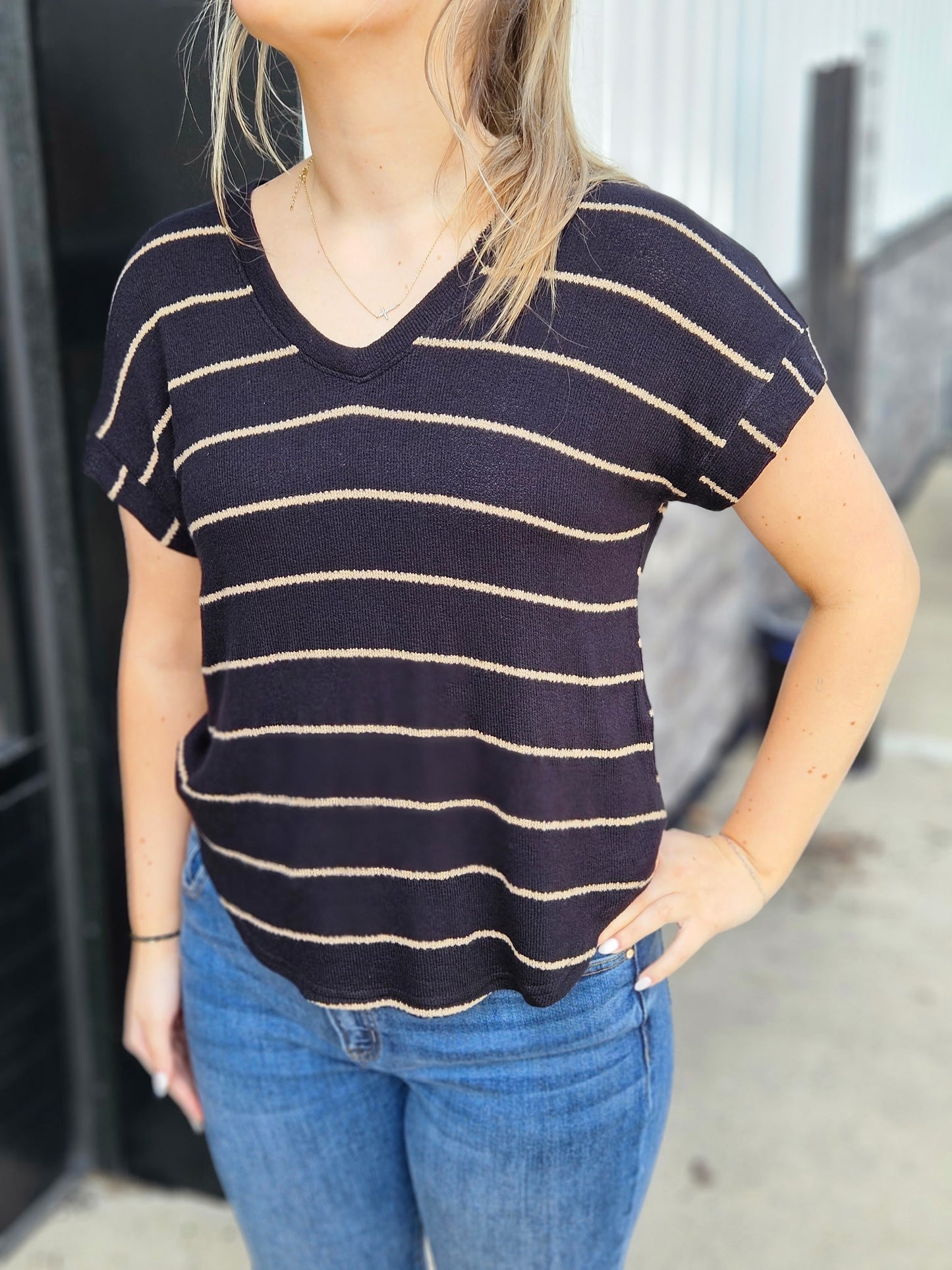 Stripe V Neck Cuffed Short Sleeve Knit Top