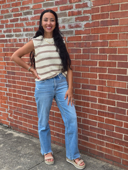 Chunky Striped Mock Crew Neck Sleeveless Sweater Top