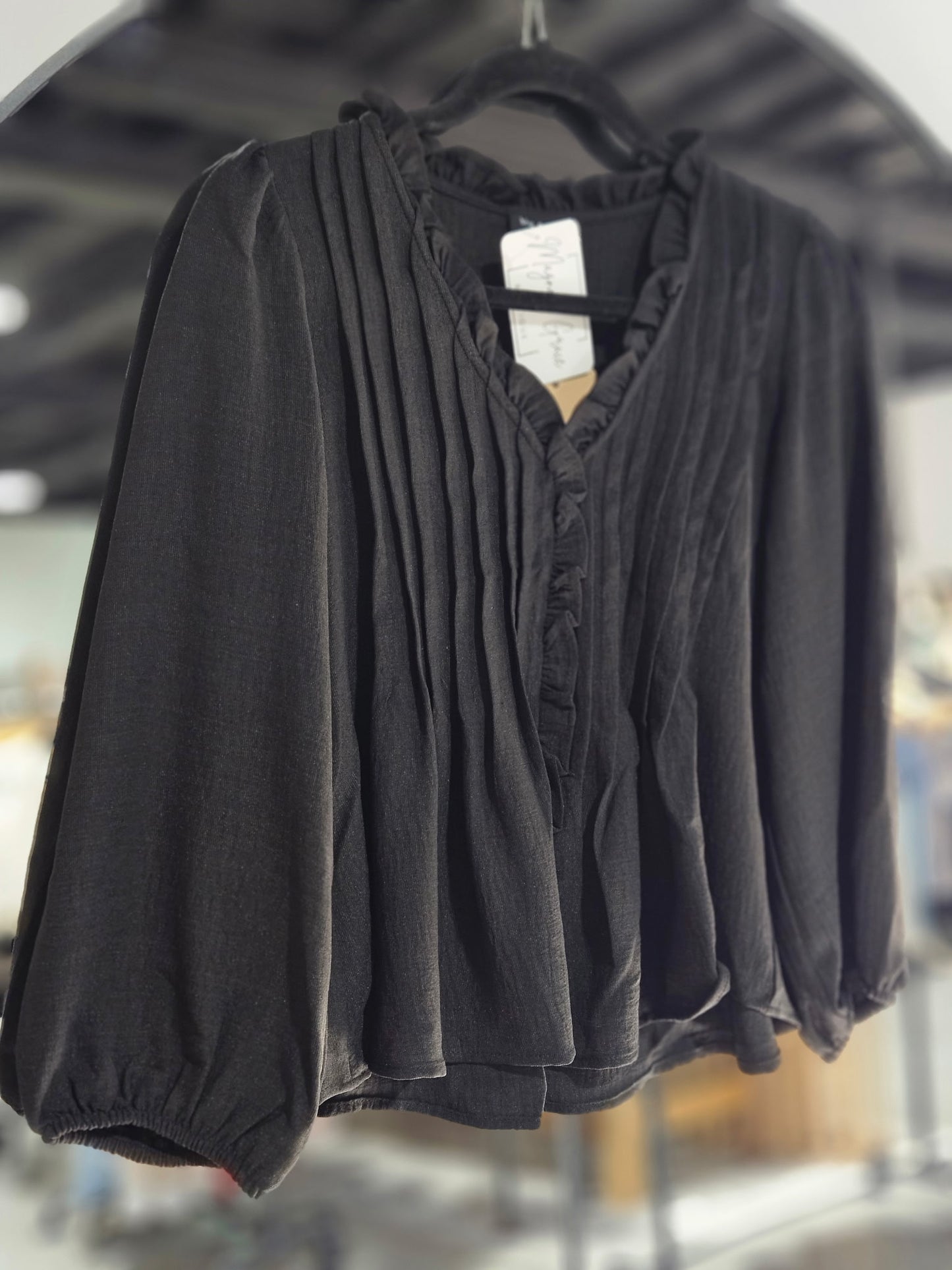 3/4 Sleeve Ruffle Trim Pintuck Detail Blouse