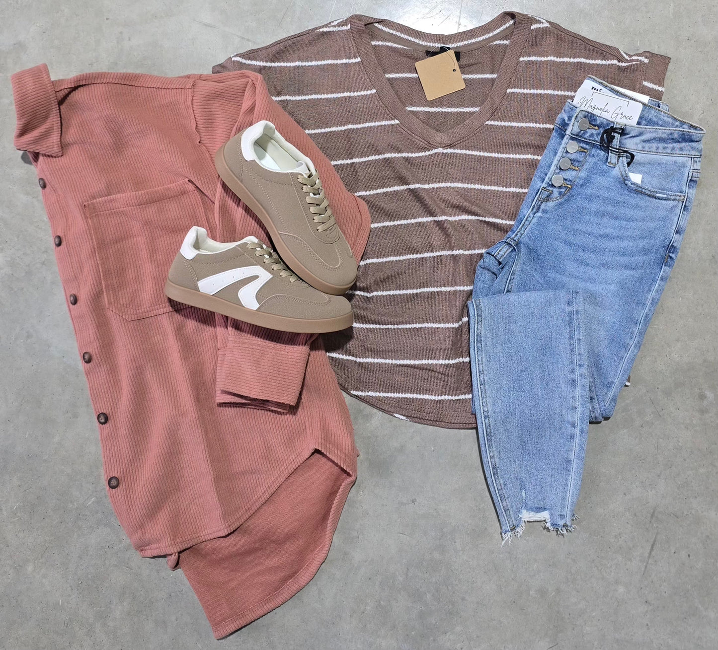 Stripe V Neck Cuffed Short Sleeve Knit Top Mocha