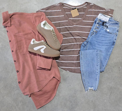 Stripe V Neck Cuffed Short Sleeve Knit Top Mocha