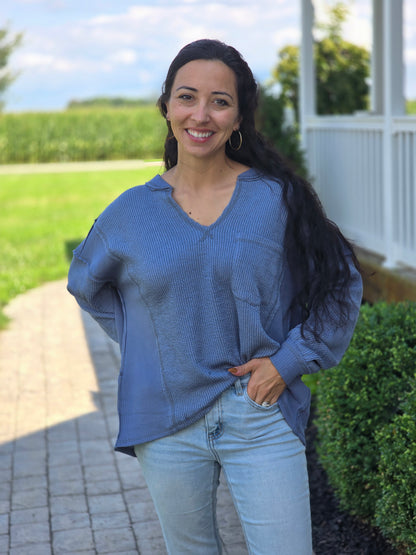 Split Neck Raw Edge Long Sleeve