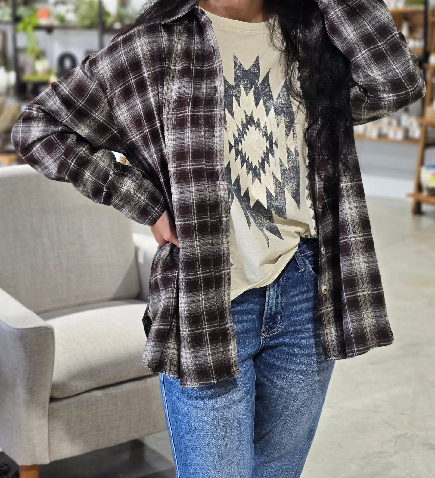 Plaid Collared Long Sleeve Button Down Top