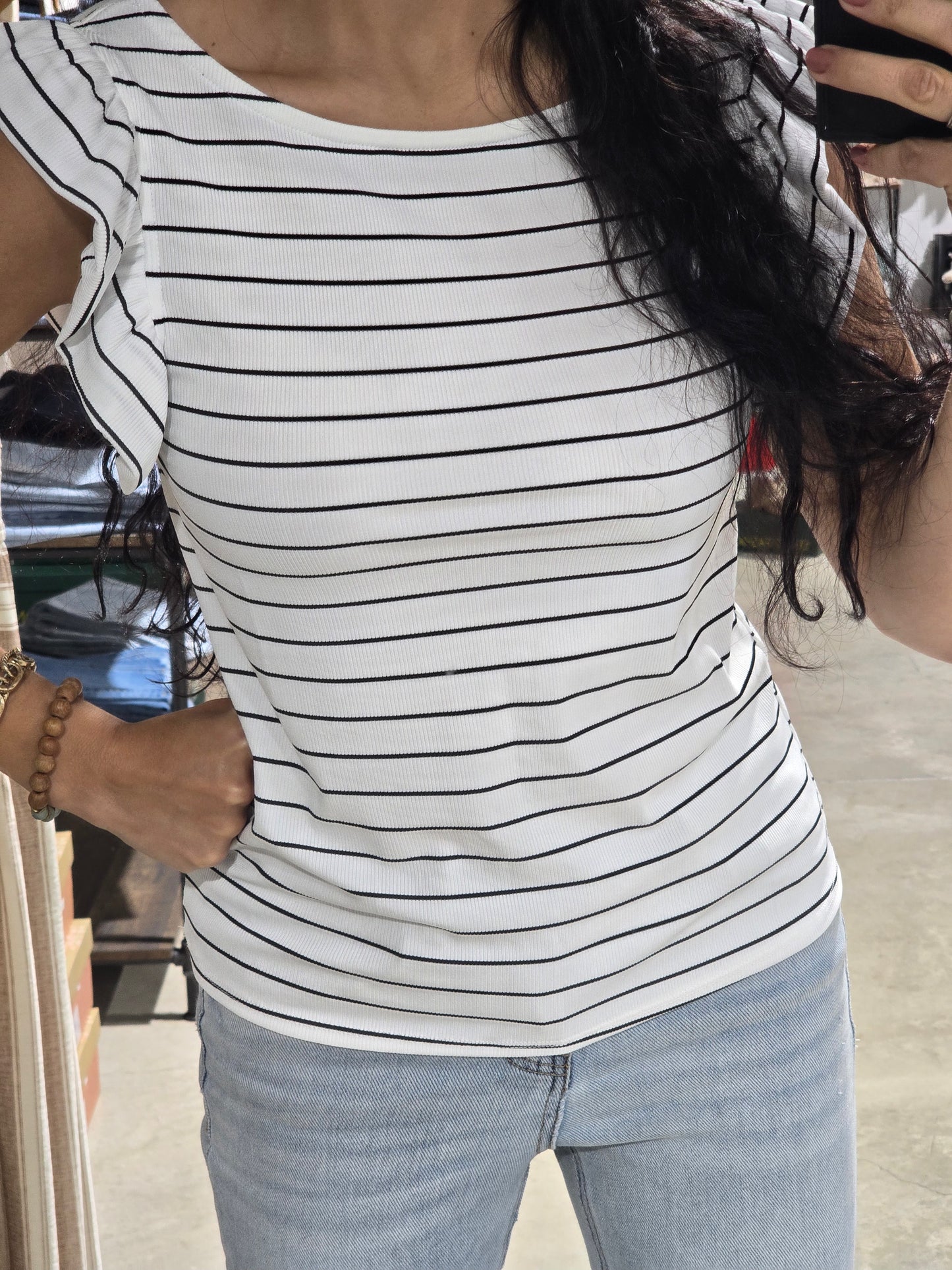 Boat Neck Ruffle Cap Sleeve Top