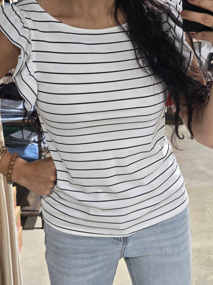 Boat Neck Ruffle Cap Sleeve Top