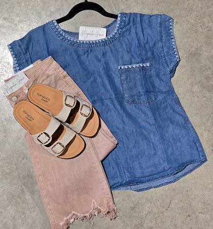 Edge Stitch Detail Short Sleeve Chambray Top