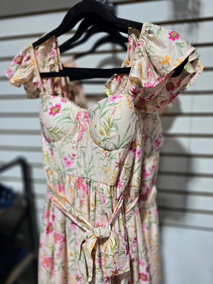Floral Waist Tie Front Slit Sleeveless Midi Dress