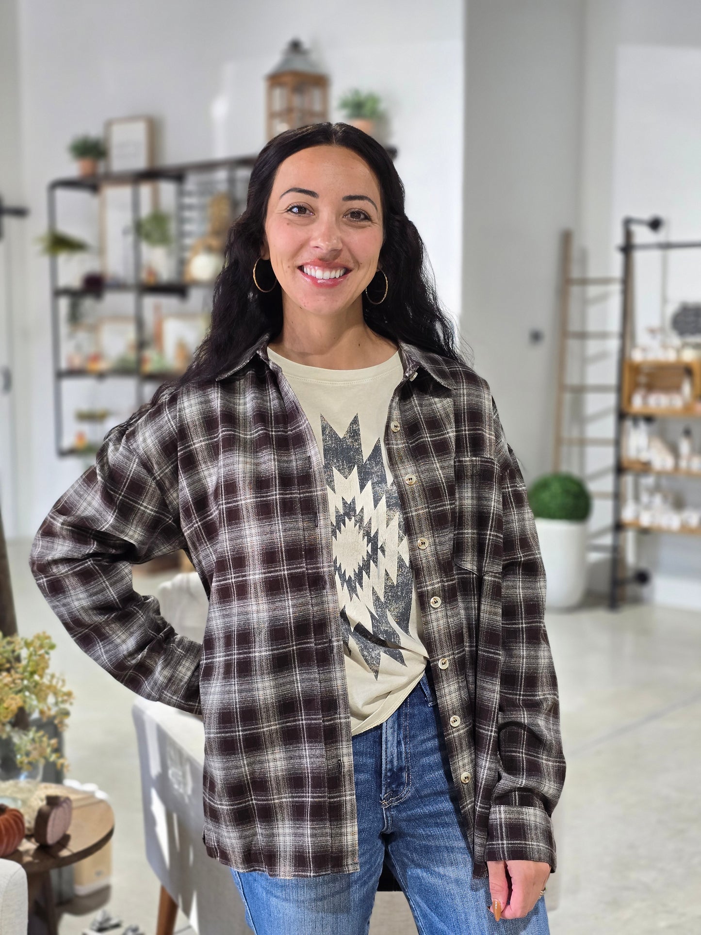 Plaid Collared Long Sleeve Button Down Top
