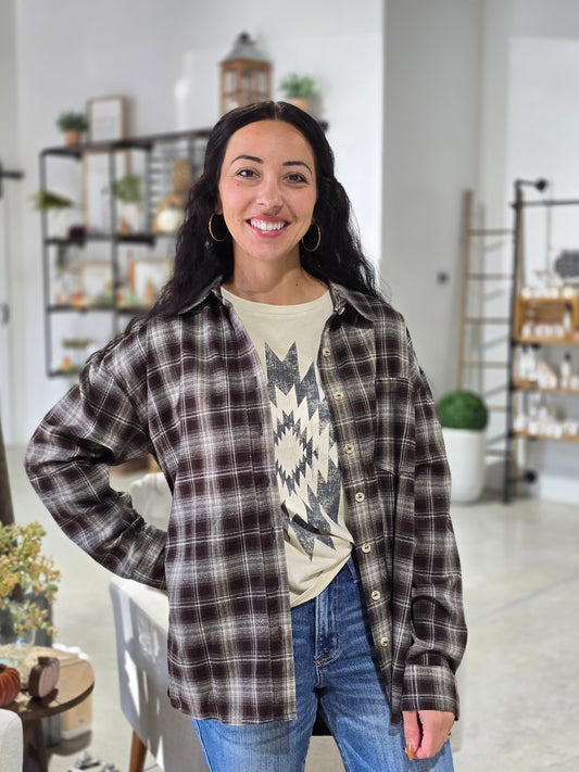 Plaid Collared Long Sleeve Button Down Top