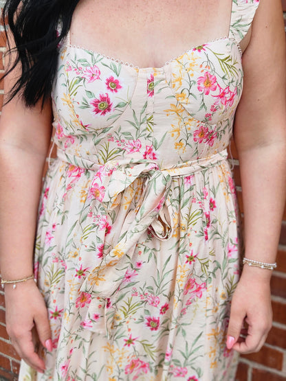 Floral Waist Tie Front Slit Sleeveless Midi Dress