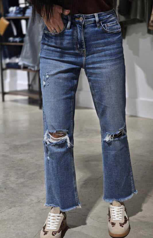 High Rise Distressed Crop Straight Jean