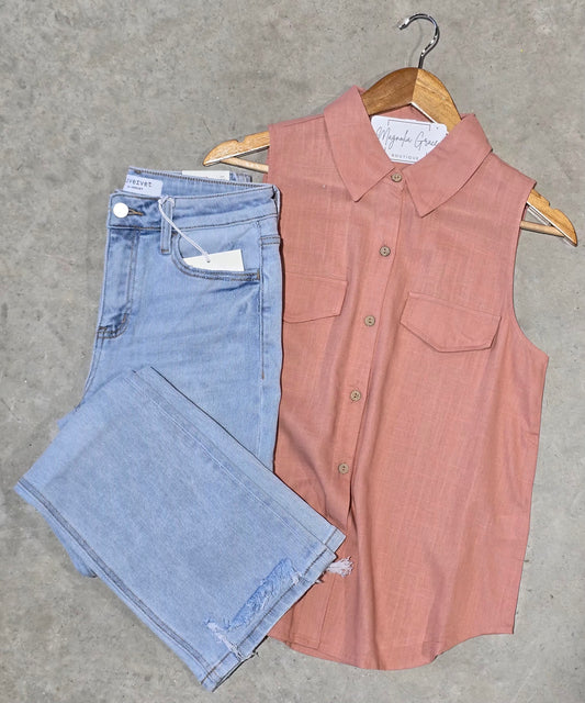 Collared Button-Down Sleeveless Shirt Sienna