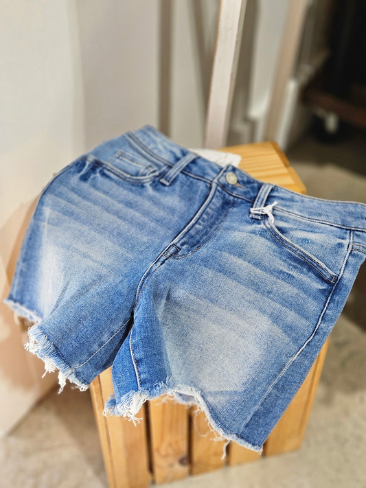 High Rise Raw Hem Relaxed Denim Shorts