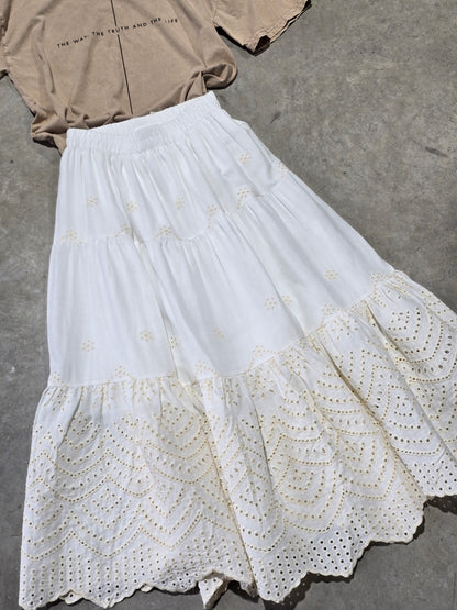 Embroidered Tiered Midi Skirt
