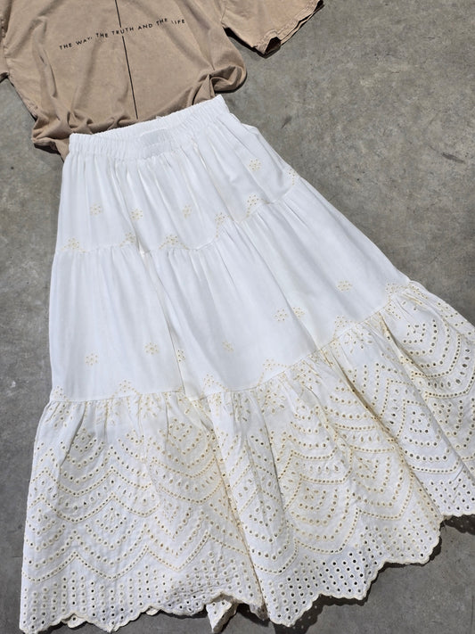 Embroidered Tiered Midi Skirt