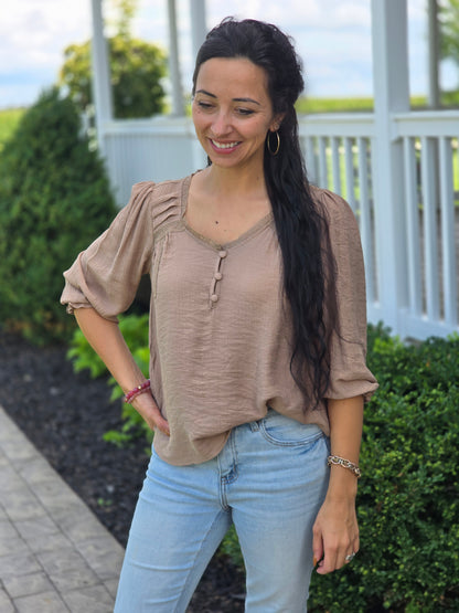 Crochet Trim V-Neck Henley Top