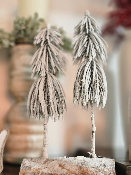 12" Snowy Pine Tree Pair On Log
