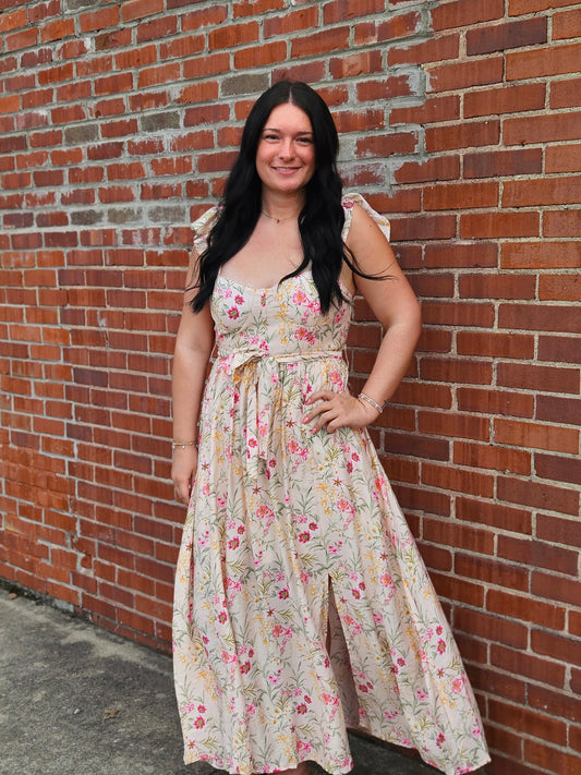 Floral Waist Tie Front Slit Sleeveless Midi Dress