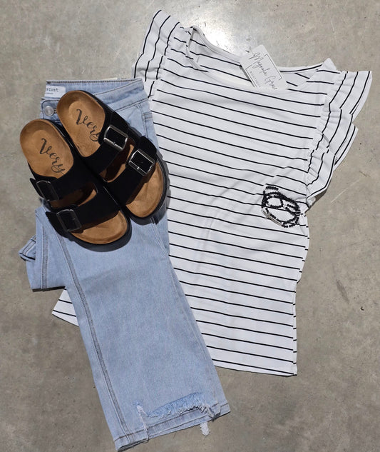 Boat Neck Ruffle Cap Sleeve Top