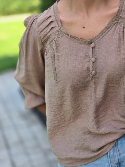 Crochet Trim V-Neck Henley Top