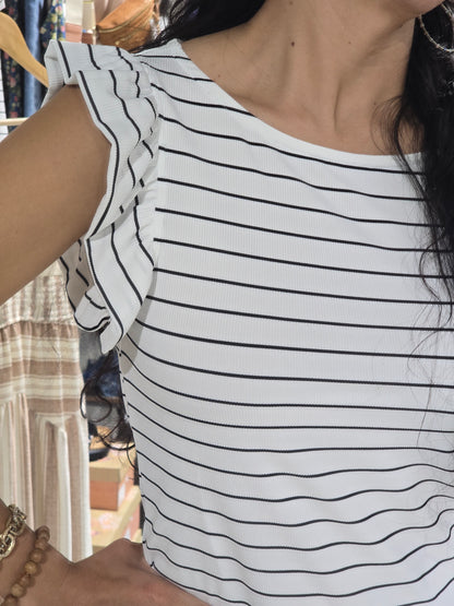 Boat Neck Ruffle Cap Sleeve Top