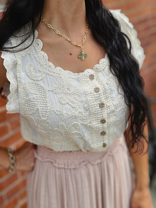 Cotton Gauze Floral Embroidery Crochet Boho Top