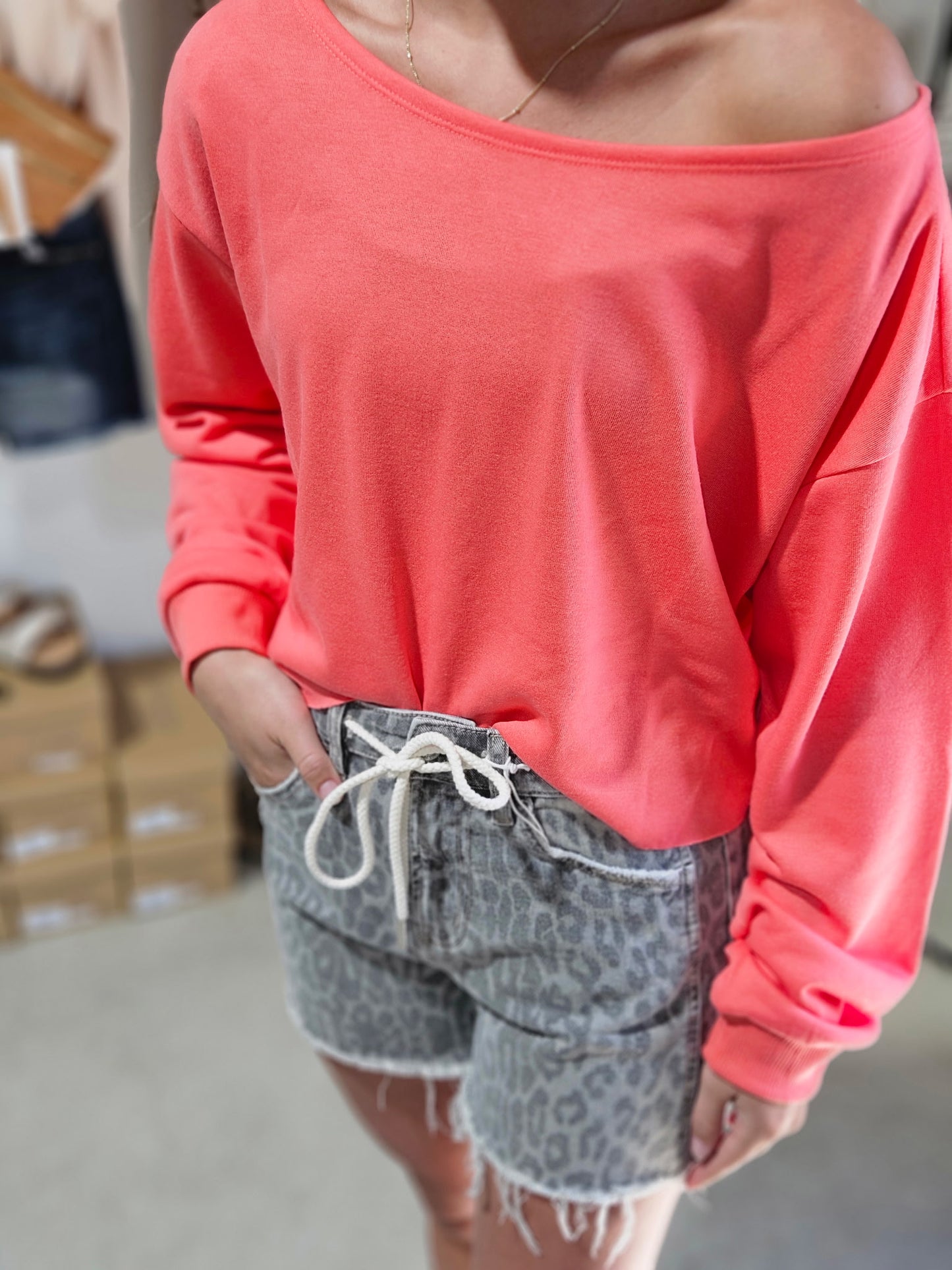 Boat Neck Long Sleeve Top (Coral)