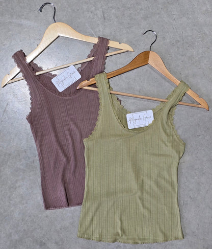 Lace Trimmed Ribbed Tank Fern