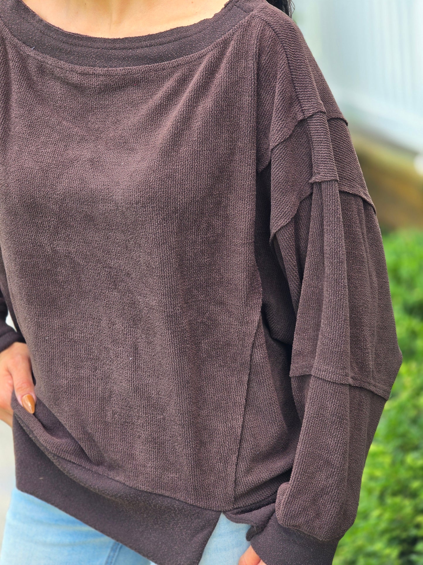 Tiered Sleeve Boat Neck Exposed Seam
