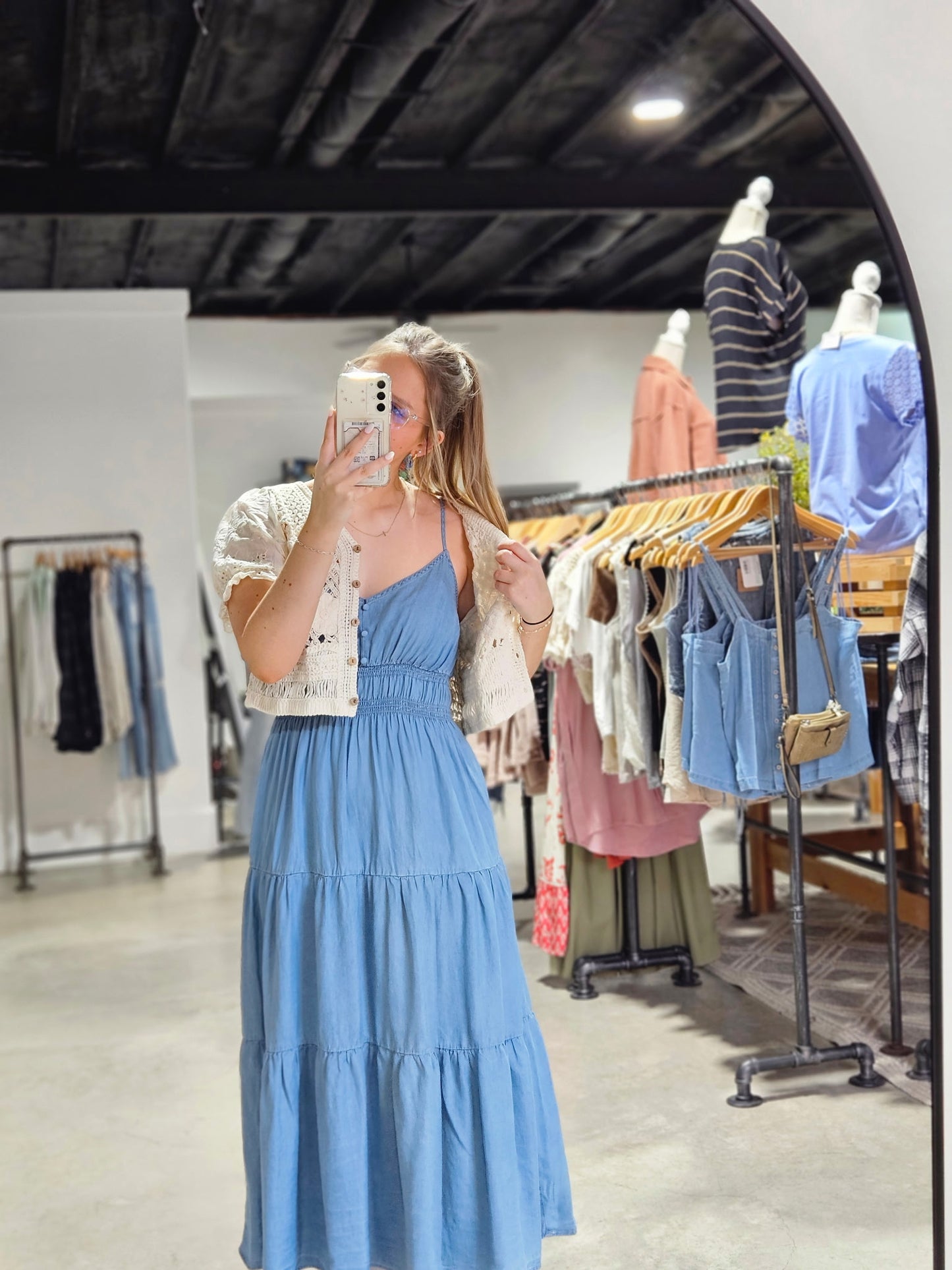 Chambray Tiered Midi Dress