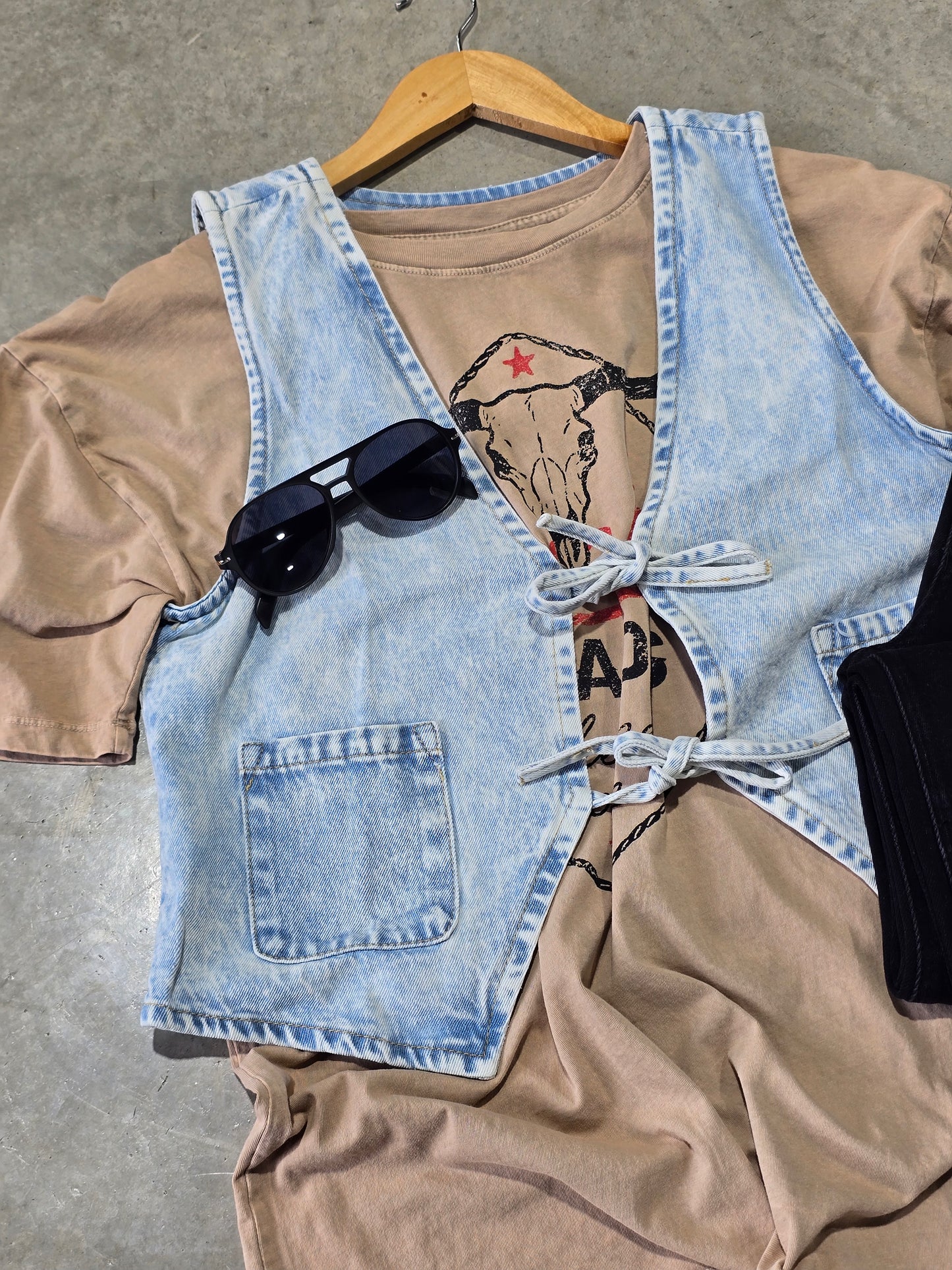Jean Acid Washed Denim Front Tie Vest