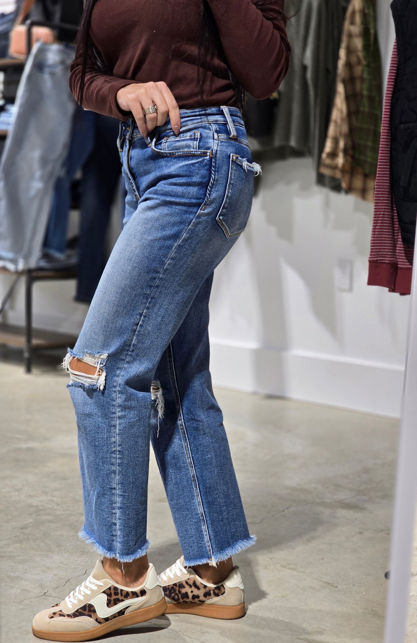 High Rise Distressed Crop Straight Jean