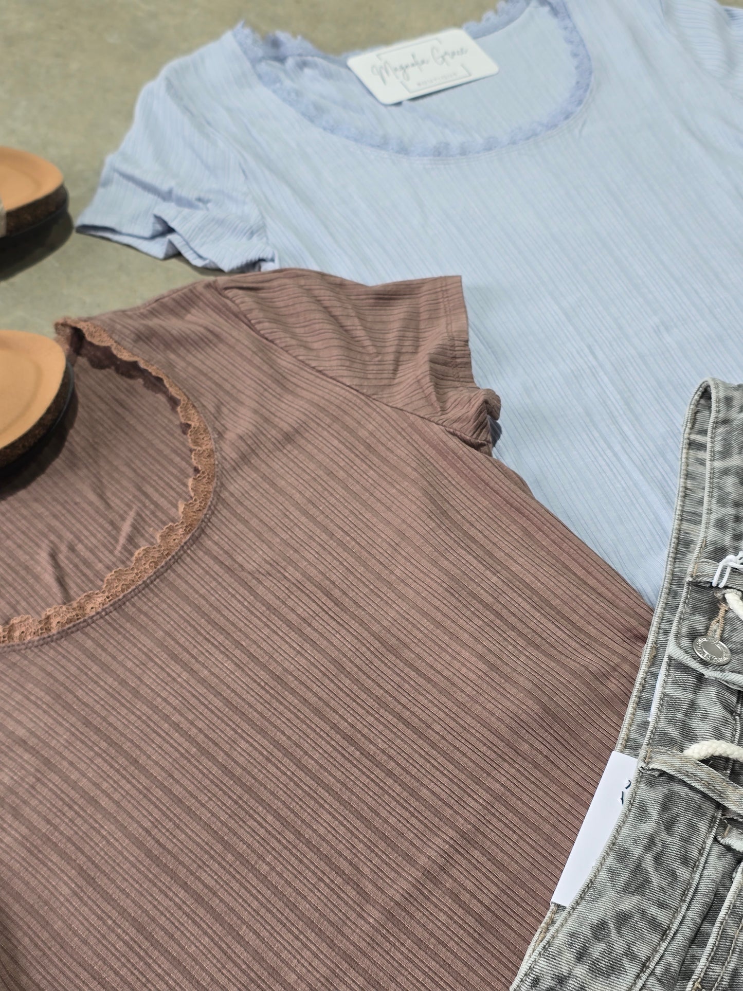 Lace Trim Ribbed Scoop Neck