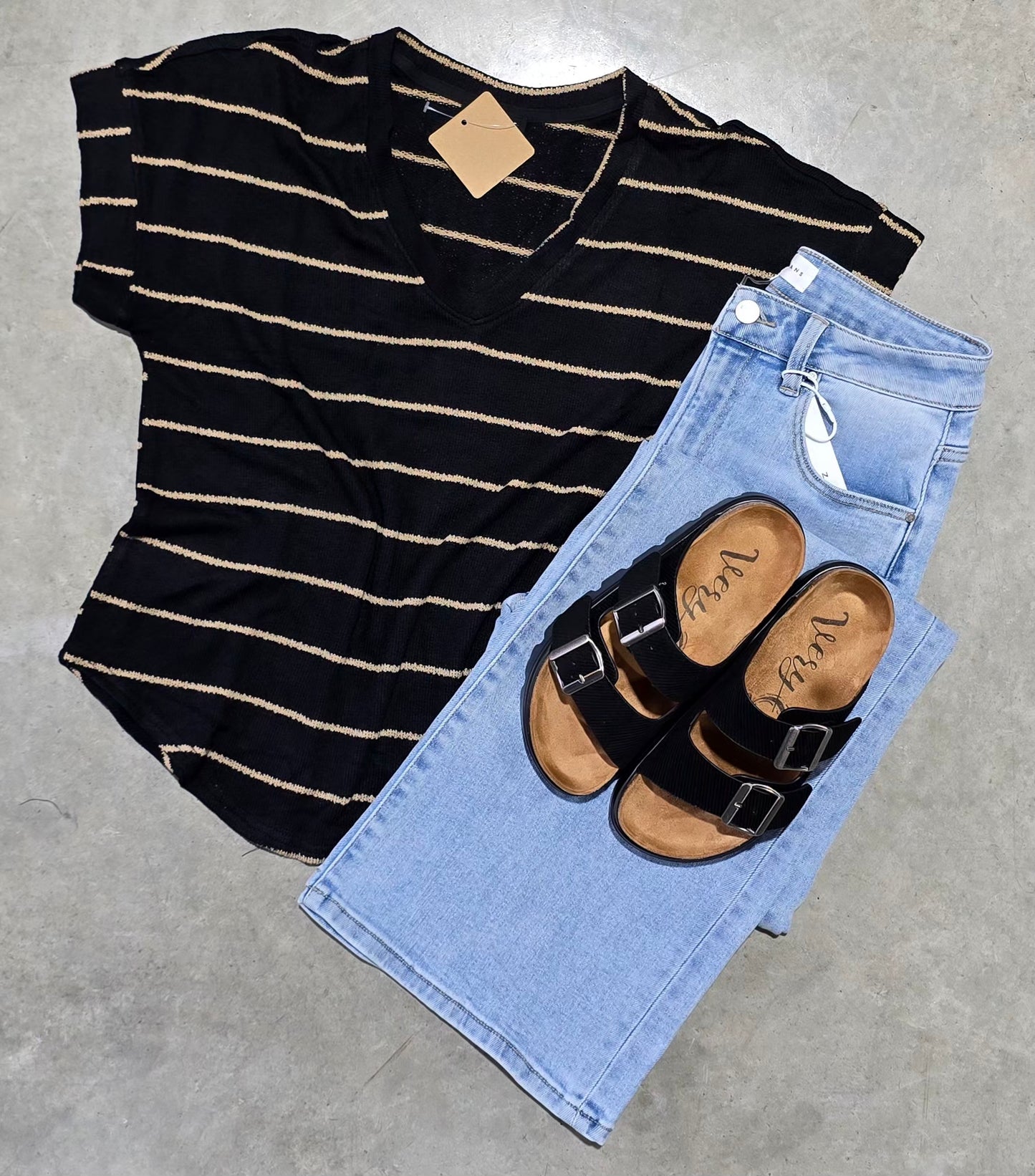 Stripe V Neck Cuffed Short Sleeve Knit Top