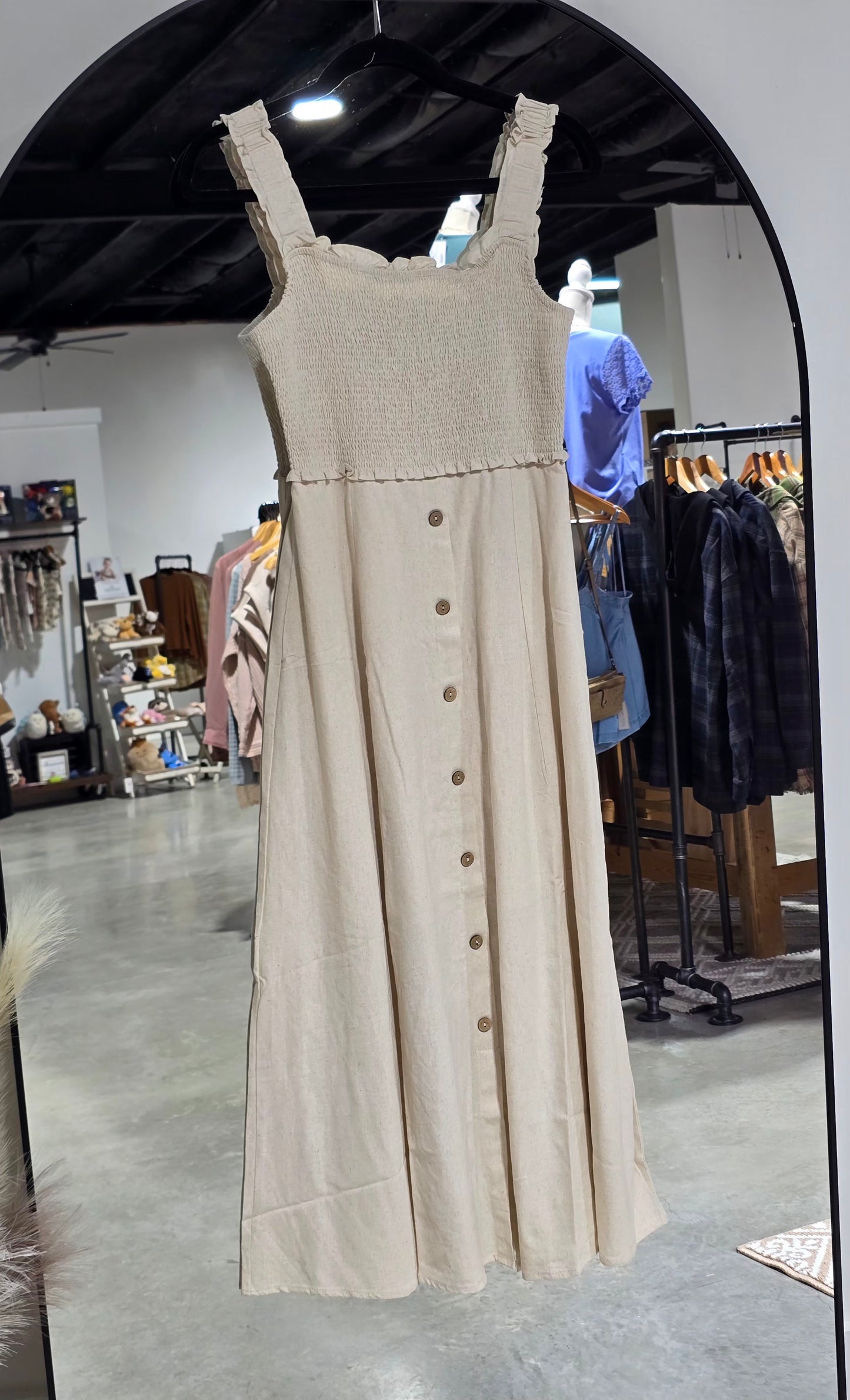 Smocked Sleeveless Button Down Midi Dress