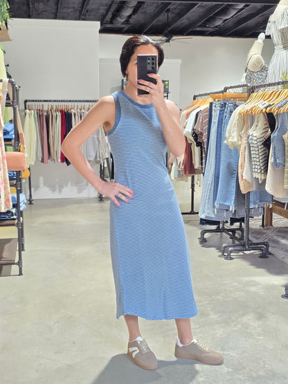 Washed Stripe Sleeveless Tank Knit Midi Dress