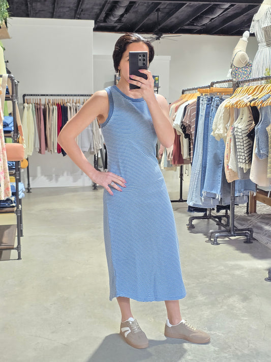 Washed Stripe Sleeveless Tank Knit Midi Dress