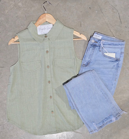 Collared Button-Down Sleeveless Shirt
