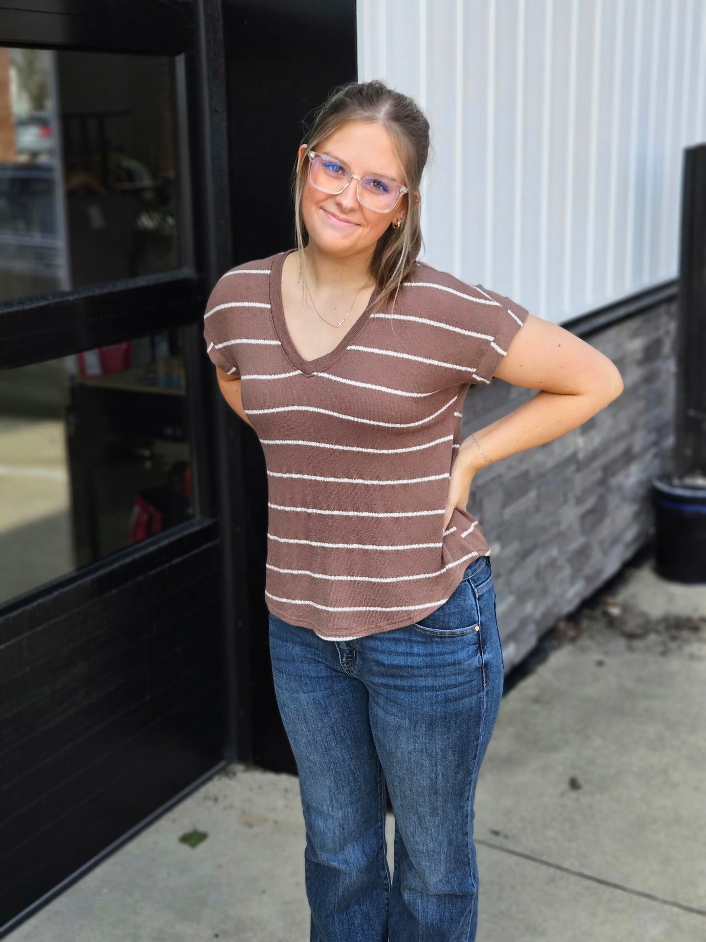 Stripe V Neck Cuffed Short Sleeve Knit Top Mocha