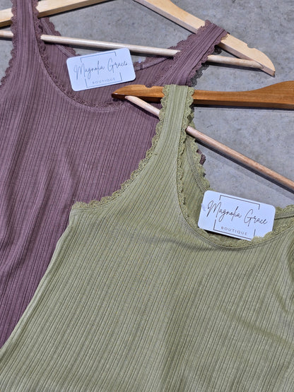 Lace Trimmed Ribbed Tank Fern