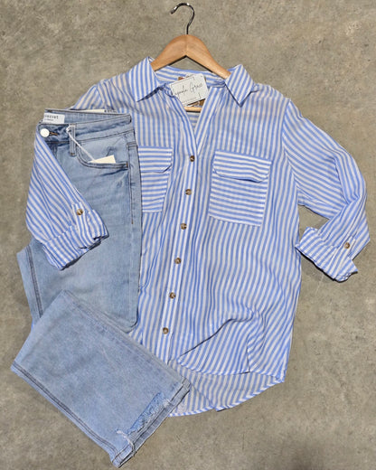 Stripe Collared Button Down Lightweight Shirt