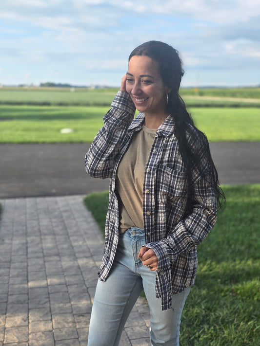 Plaid Collared Distressed Top