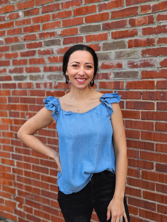 Chambray Ruffle Sleeve Top