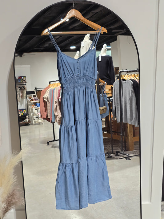 Chambray Tiered Midi Dress