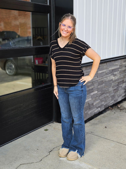 Stripe V Neck Cuffed Short Sleeve Knit Top